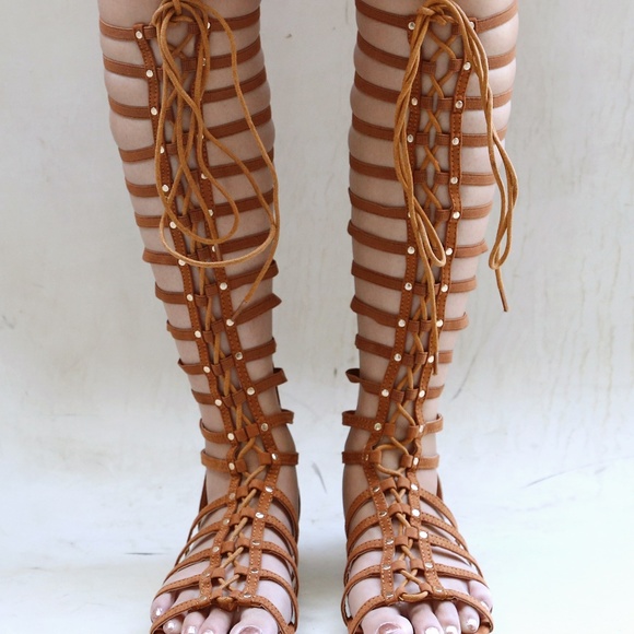 NIB Tan Knee High Lace Up Gladiator Sandals - Picture 4 of 4